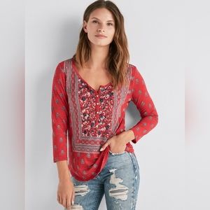 Lucky Brand Women's Scarf Print Henley Top bohemian size XL V-neck 3/4 sleeve